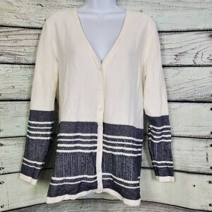 Christopher & Banks Cardigan L White Navy Button Front 100% Cotton Striped